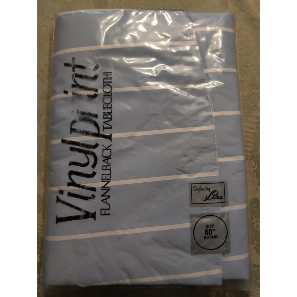 Tablecloth NOS VINTAGE Elrene Vinyl Print Flannel Back  60" Round blue stripe